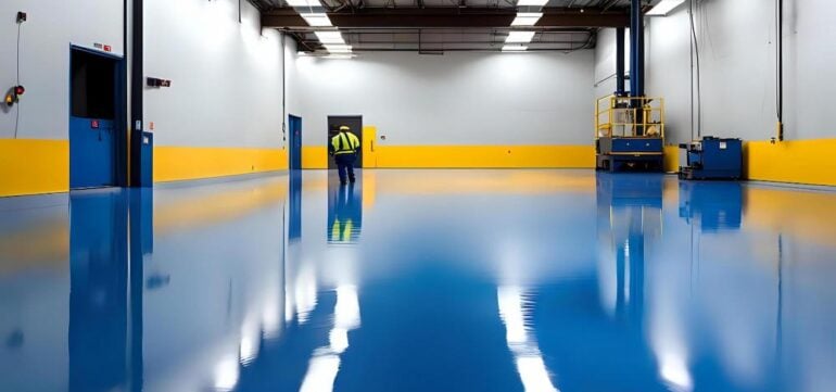 A smooth, glossy epoxy floor coating being applied to a surface, creating a durable, seamless, and high-performance finish.