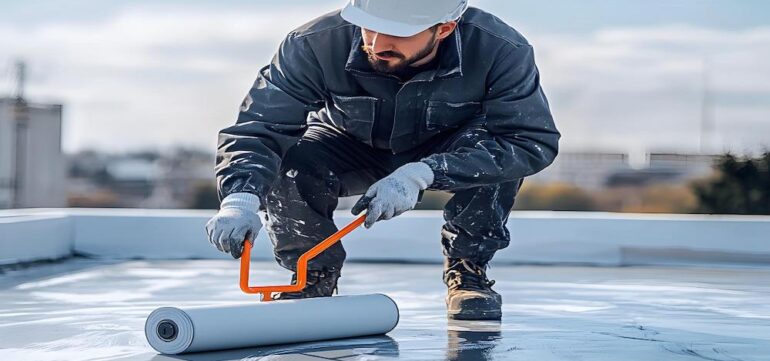 Waterproofing and damp proofing work in progress, showing protective layers being applied to a building surface to prevent water penetration and moisture damage.