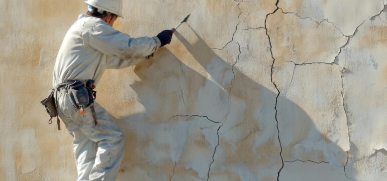 A close-up view of crack injection work, where a sealing material is being injected into a crack to repair and strengthen the structure.