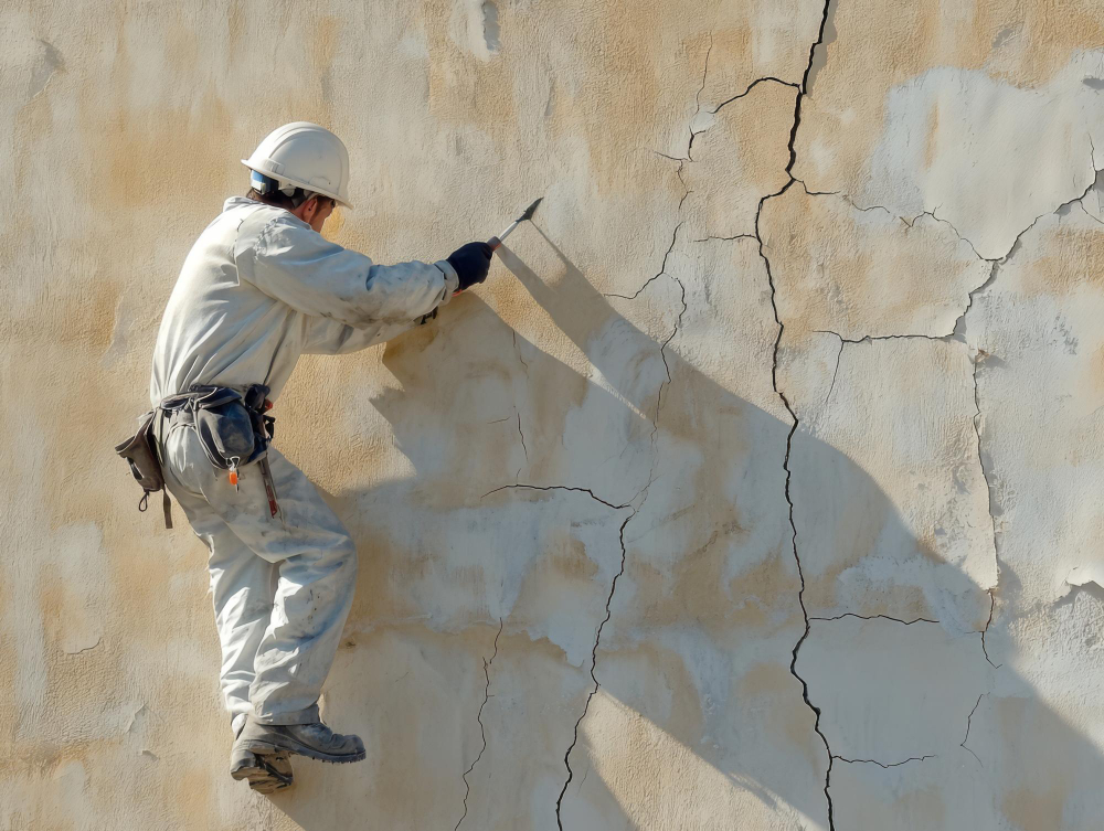 A close-up view of crack injection work, where a sealing material is being injected into a crack to repair and strengthen the structure.